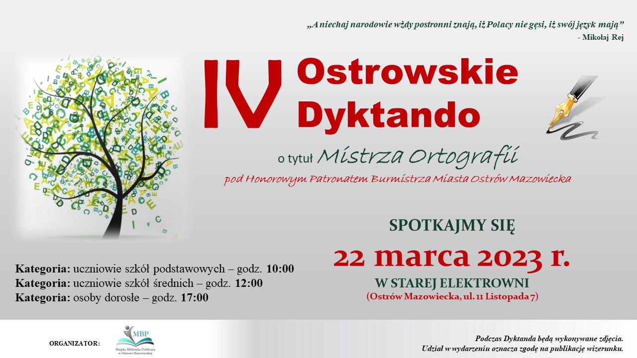 IV Ostrowskie Dyktando o tytuł Mistrza Ortografii 22 marca