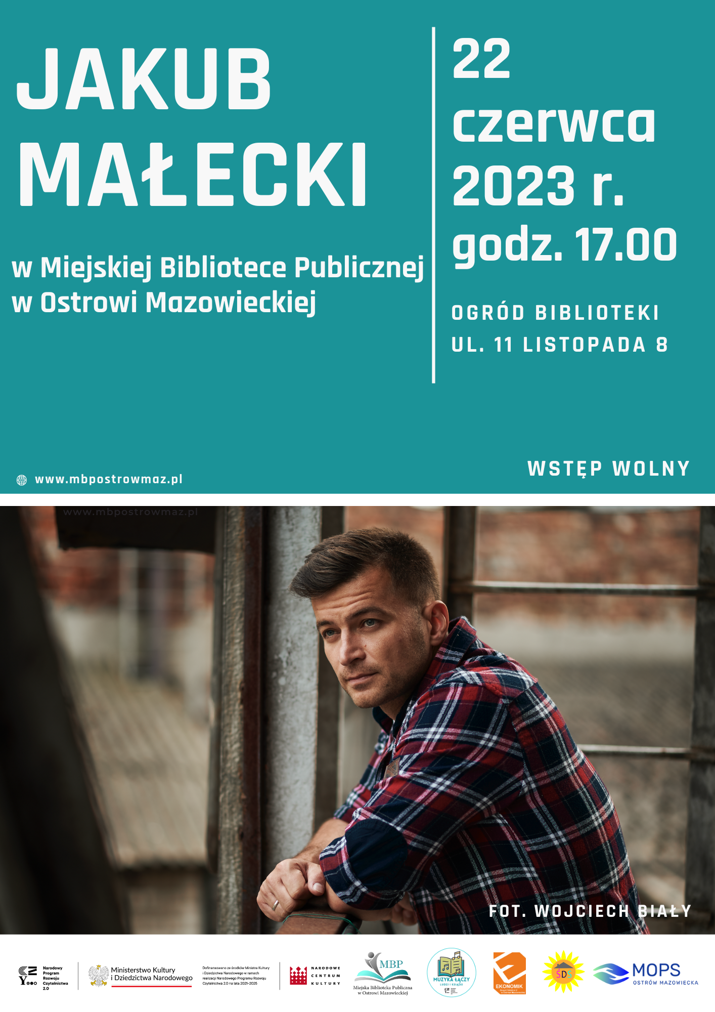Jakub Małecki w Miejskiej Bibliotece Publicznej w Ostrowi Mazowieckiej, 22 czerwca 2023 r, godz. 17.00, ogród biblioteki, wstęp wolny