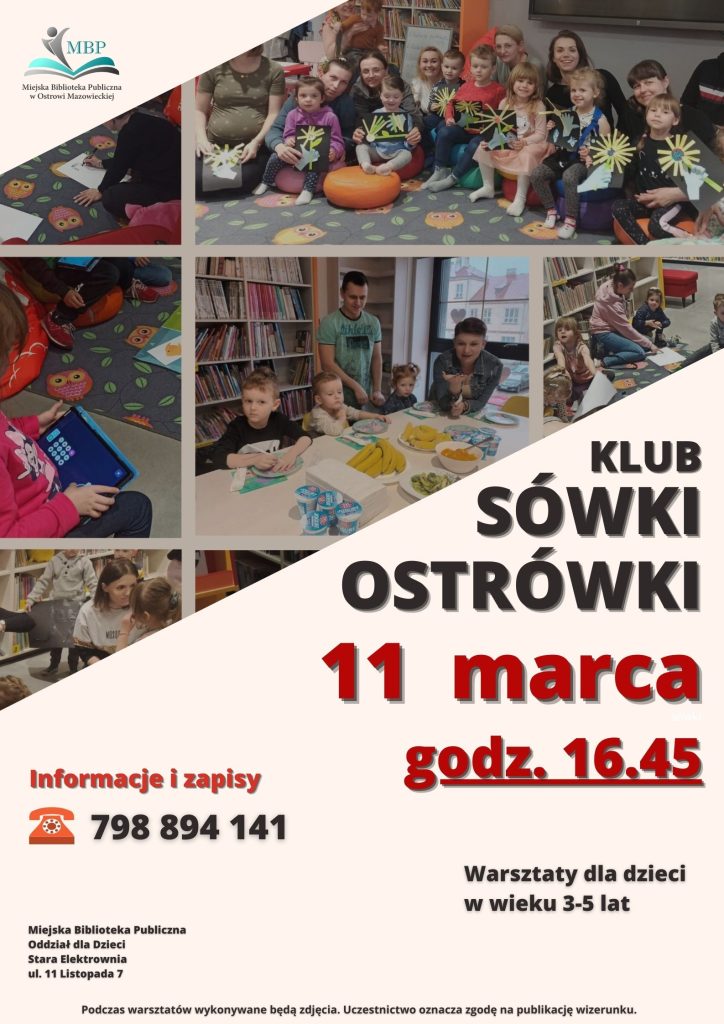 Plakat dotyczący Klubu Sówki Ostrówki. Spotkanie odbędzie się 11 marca 2024 o godz 16.45